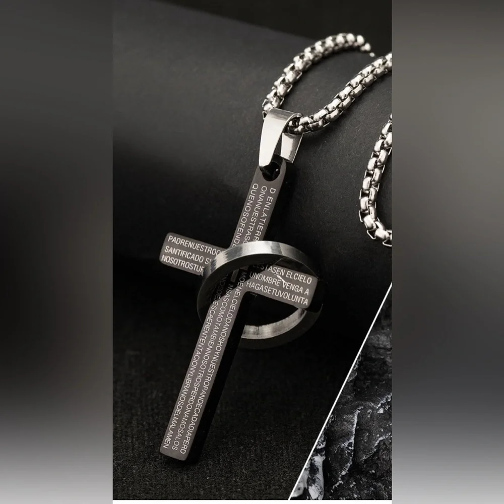 Men’s Black & Silver Cross Pendant Chain Necklace
